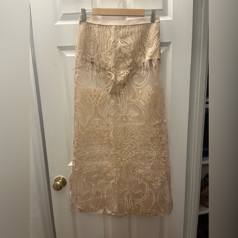 Anthropologie Sheer Embroidered Cream Midi Skirt - Picture 6 of 12